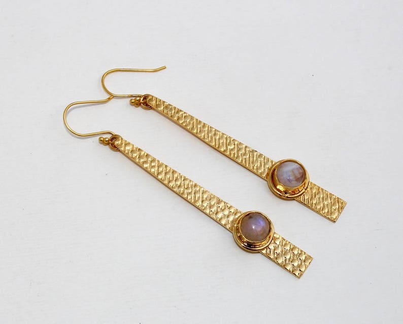 3.26 Round Rainbow Moonstone Gold /& Silver Spike Earrings Bollywood Designer Earrings OOAK Gemstone Earrings Finish You Select BE68