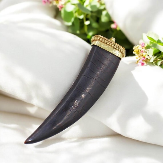 Ethically Sourced Black Buffalo Bone Tooth Pendant | 86mm Black Horn Pendant with Bail | Bohemian Large Bone Pendant for DIY Jewelry & Gifts