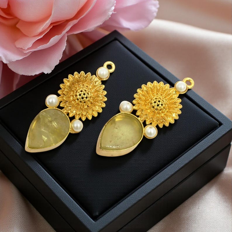 38mm Raw Lemon Quartz & Shell Pearl Earring Pendant Real Gold Plated Handmade Flower Earring Connector Jewelry Finding DIY Jewelry Supplies image 5