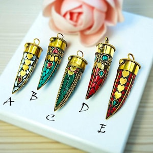 Tibetan MOP Turquoise Coral & Malachite Brass Mosaic Horn Pendant 70mm Boho Ethnic Tribal Horn Pendant Gold Cap Pendant DIY Jewelry Supplies