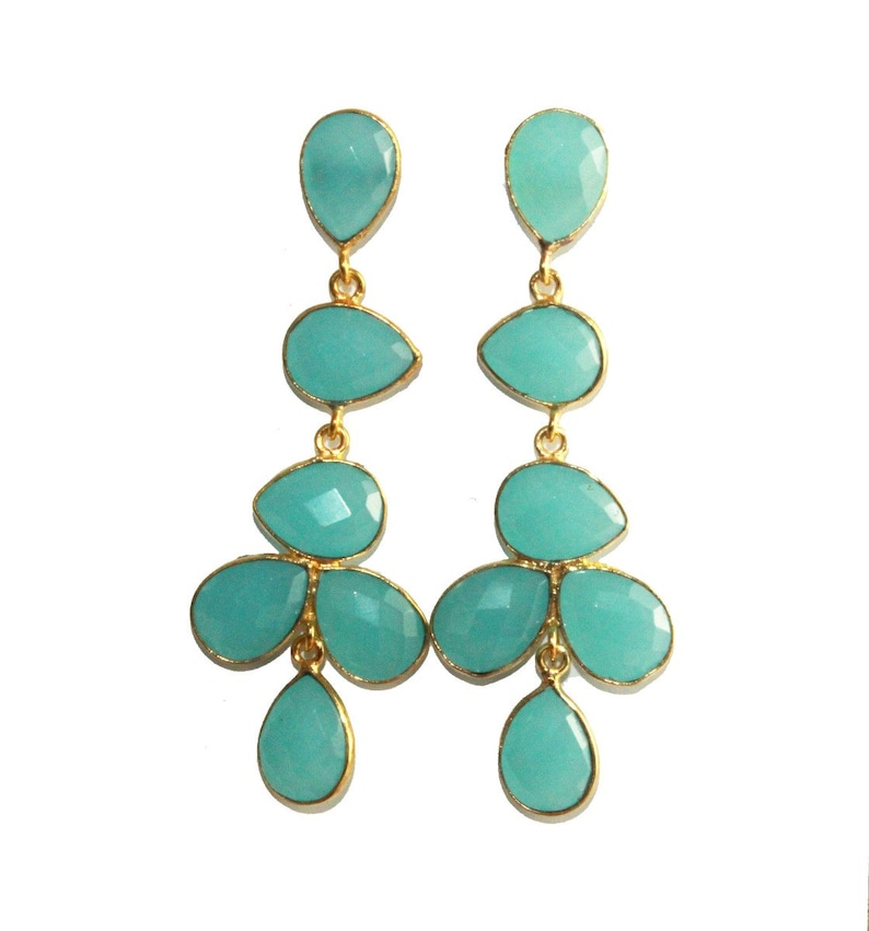 2.59 Bezel Set Aqua Chalcedony Long Pear Earrings Six Stone Gold Earrings Gift Idea Bridal-Wedding Jewelry Gemstone Earrings LE53