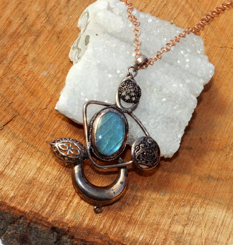 1Pc 91x60mm Copper Electroformed Labradorite Necklace Ancient Crescent Moon Necklace Gemstone Antiqued Necklace DIY Jewelry Making AQP72
