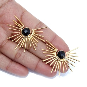 1.18&quot; Black Onyx Rising Sun Earrings Designer Earrings Gold Earrings Round Gemstone Earrings Party Wear Earrings Gift Idea Colors You Select