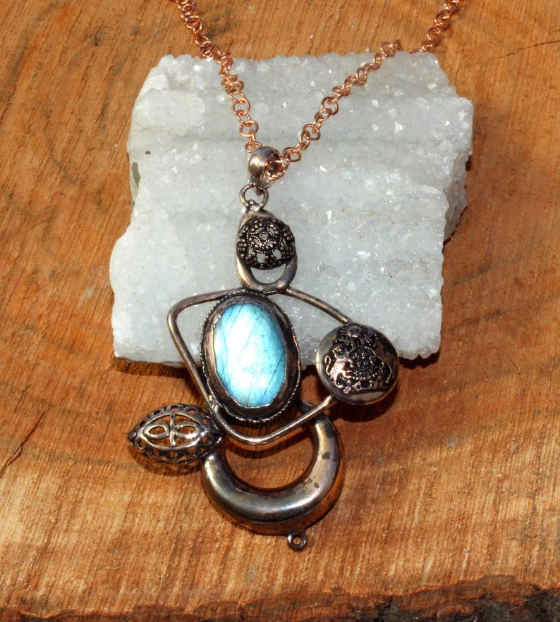 1Pc 91x60mm Copper Electroformed Labradorite Necklace Ancient Crescent Moon Necklace Gemstone Antiqued Necklace DIY Jewelry Making AQP72
