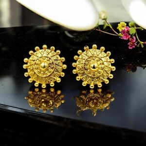22mm Dotted Design Round Earring Posts | 22kt Gold Plated Stud Earrings | Handmade DIY Jewelry Findings | Earring Making Supplies |