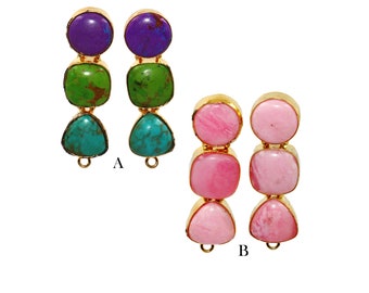 1 Pair 22kt Gold Plated Multi Copper Turquoise & Pink Sediment Jasper Earrings, Gemstone Earpost, Connector Post Stud, DIY Jewelry Supplies