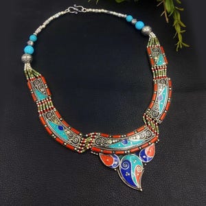 Handmade Tibetan Necklace with Turquoise Coral Lapis | Colorful Tribal Inlay Jewelry | Boho Ethnic Statement Necklace | Festival Jewelry
