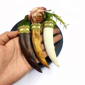 May include: Three pendants shaped like tusks with gold-colored metal caps. The tusks are made of different materials: dark brown, light brown, and white.