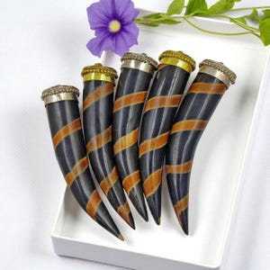 Puede incluir: Cinco cuernos decorativos con cuerpos negros y rayas naranjas en espiral. Cada cuerno tiene una tapa plateada o dorada. Los cuernos están dispuestos en un plato rectangular blanco, con una flor morada y hojas verdes en el fondo.