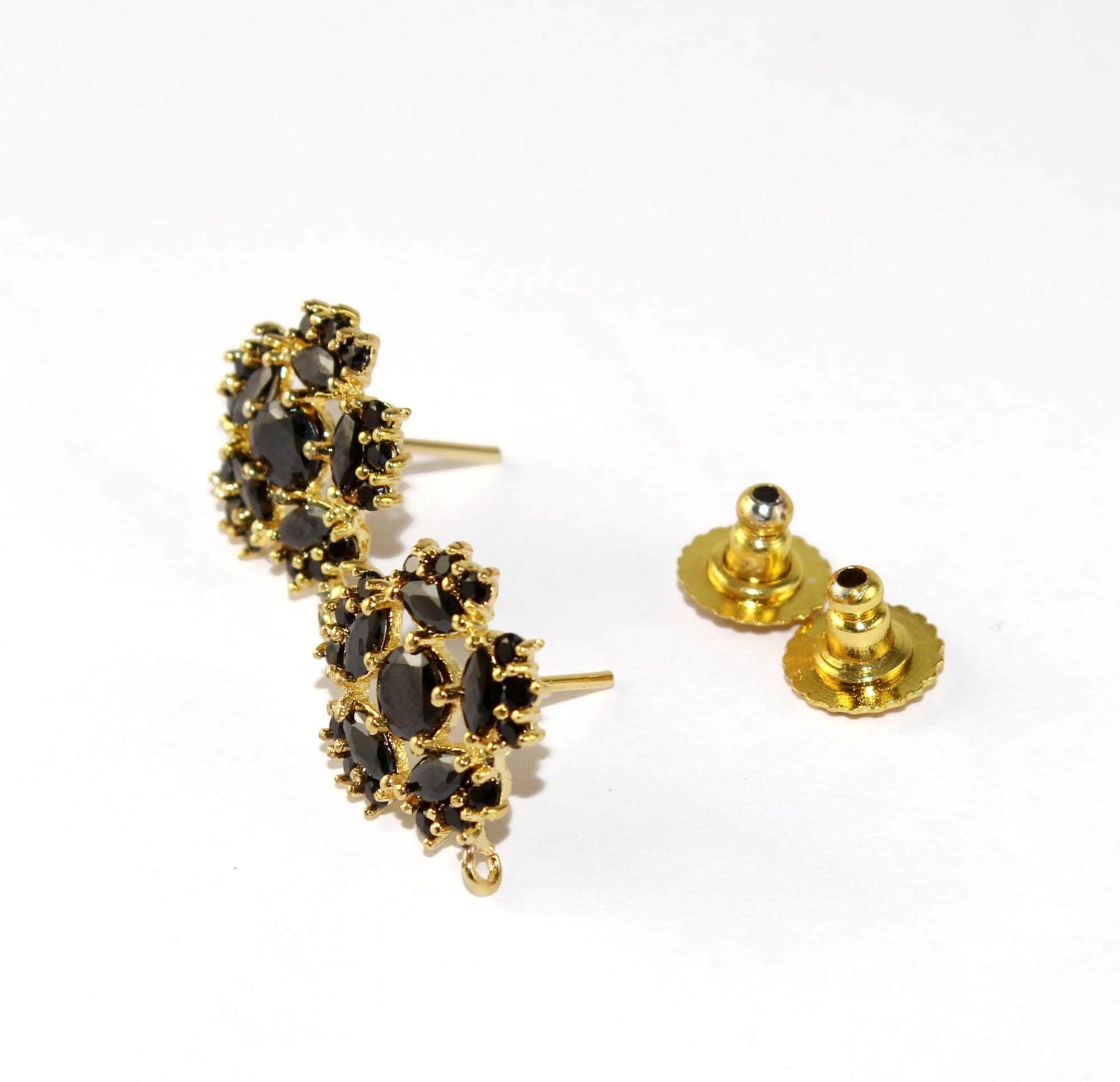 Black Stone Earrings Post 22kt Gold Plated Prong Set Flower Stud