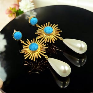 70mm Turquoise & Shell Pearl Sunburst Drop Earrings 22kt Gold Plated Handmade Gemstone Designer Earrings Bridal Wedding Party Wear Earrings