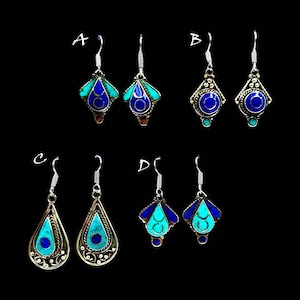 Tibetan Statement Earrings | Handmade Tribal Fusion Jewelry | Boho Nepali Ethnic Earrings | Turquoise & Lapis Lazuli Inlay Himalayan Jewelry