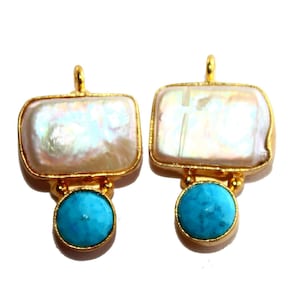 Freshwater Baroque Pearl & Turquoise Pendants / 25x16mm 22kt Gold Plated Gemstone Earring Connectors / DIY Jewelry Making / Findings / PD42