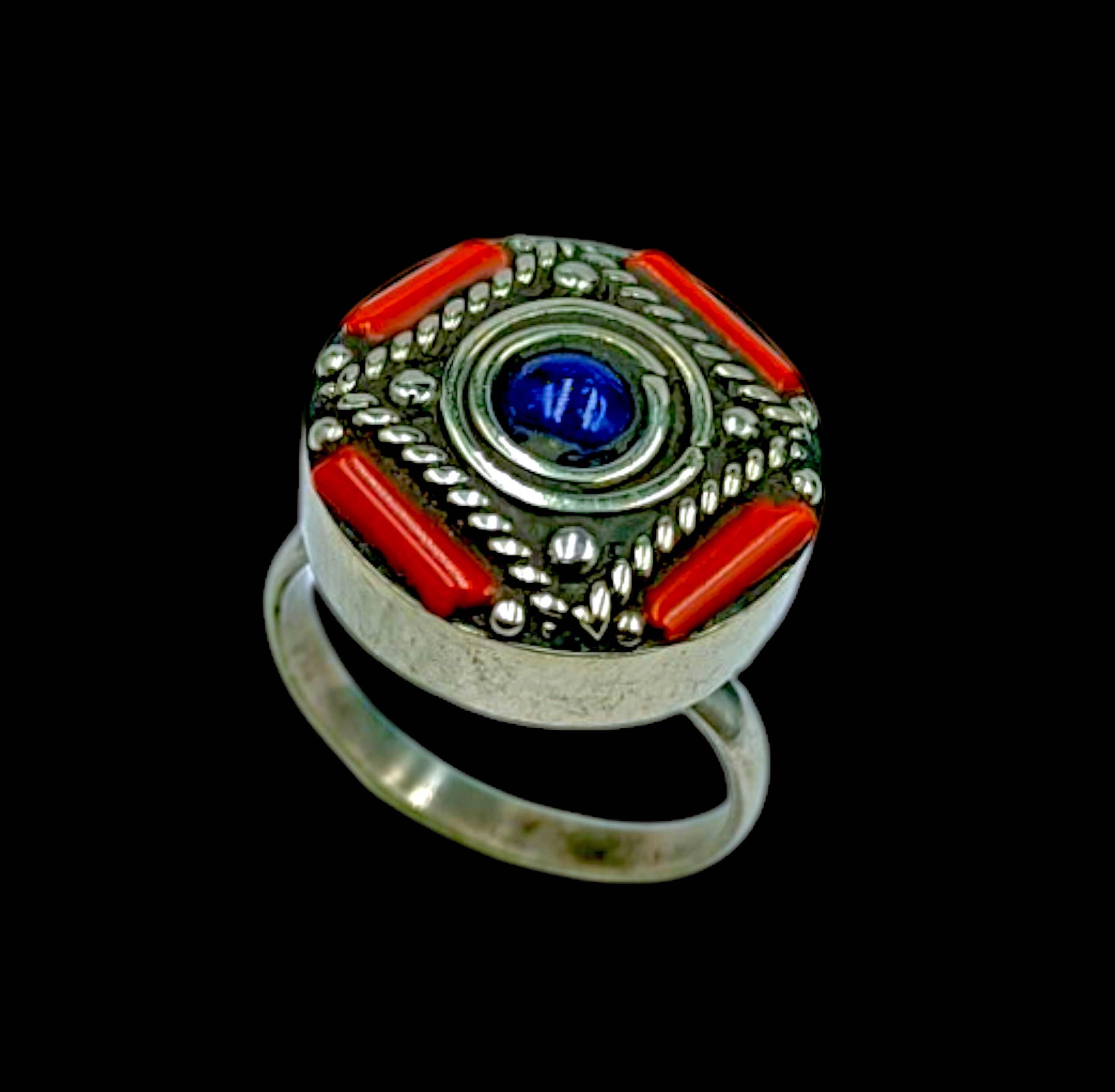 Bague Réglable Népalaise Bohème - Turquoise Et Corail, Fait Main, Argenté Sur Laiton