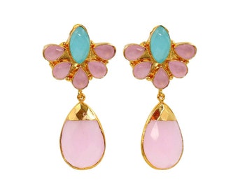 Pink & Aqua Chalcedony Earrings | 2.25" 24Kt Gold Electroplated Handcrafted Gemstone Earrings | Bridal - Wedding Earrings | Gift For Her