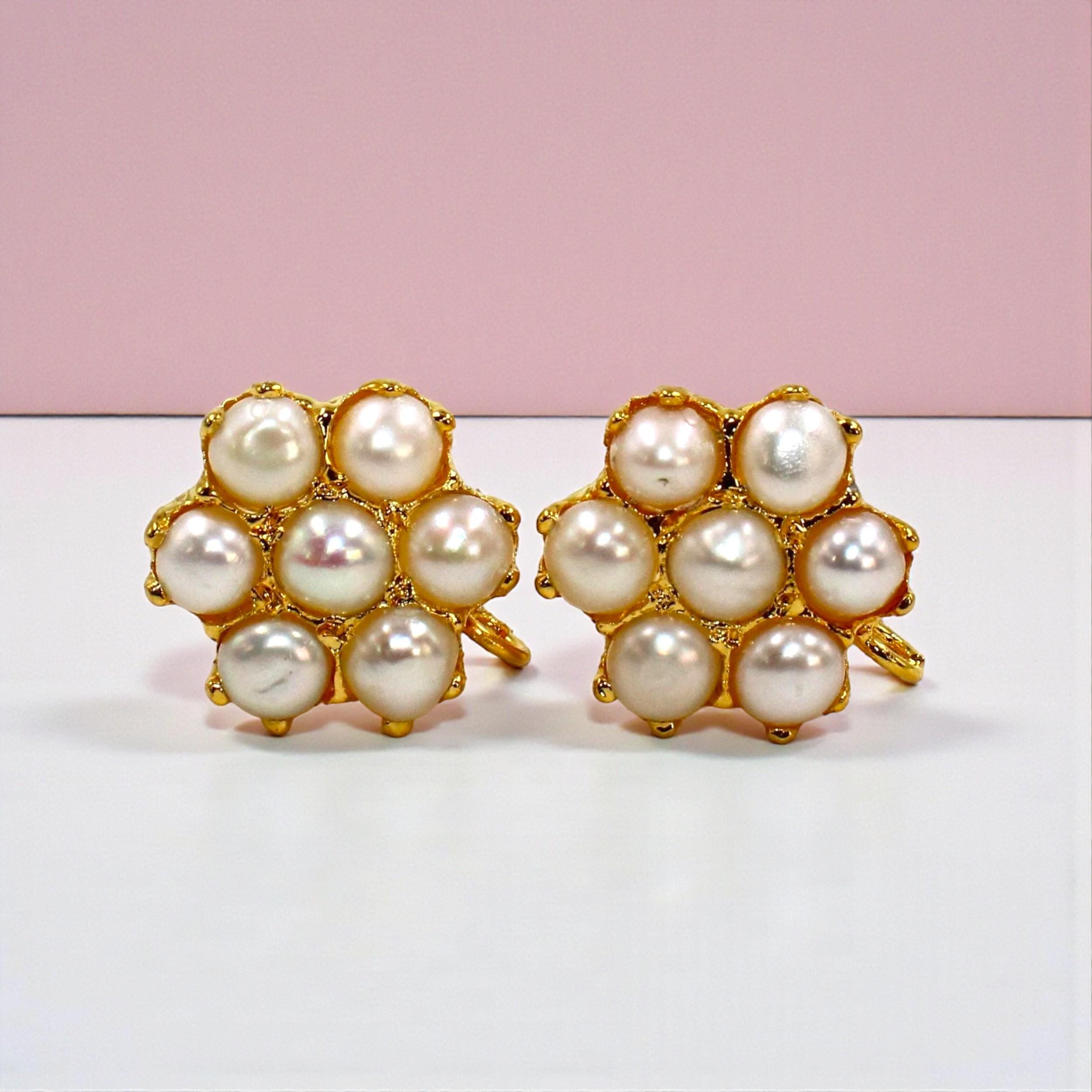 Boucles D'oreilles Perles D'eau Douce Plaqué Or - Style Trèfle - Neuf Sans Boîte