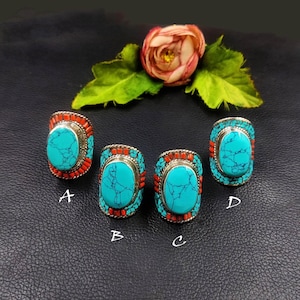 Turquoise & Coral Tibetan Silver Ring, Handmade Tribal Fusion Nepali Ring, Ethnic Tribal Statement Ring, Bohemian Nepalese Jewelry gift Idea