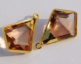 1Pair 24K Gold Electroplated Faceted Morganite Quartz Bezel Set Fancy Tie Charm Pendant / 24x14mm Select Finish - Gold - Silver or Rose Gold