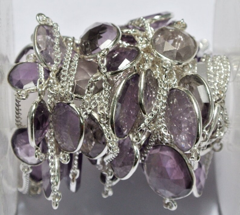 Faceted Pink Amethyst Bezel Set Link Chain 11-21mm Silver Plated Gemstone Continuous Connector Chain Per Foot DIY Jewelry Making Supply