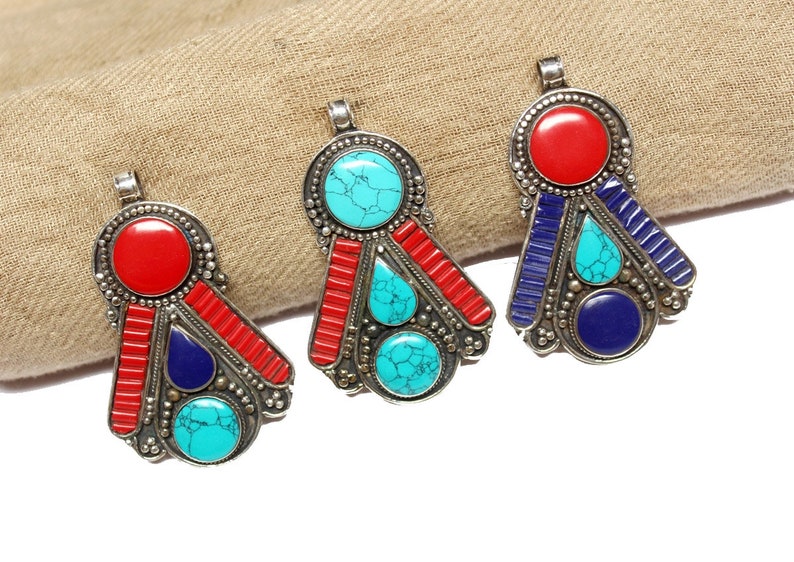 Nepal Tibetan Pendant with Turquoise Lapis /& Coral Inlays Handmade Tibetan Nepali Jewelry Large Bohemian Pendant Ethnic Tribal Pendant