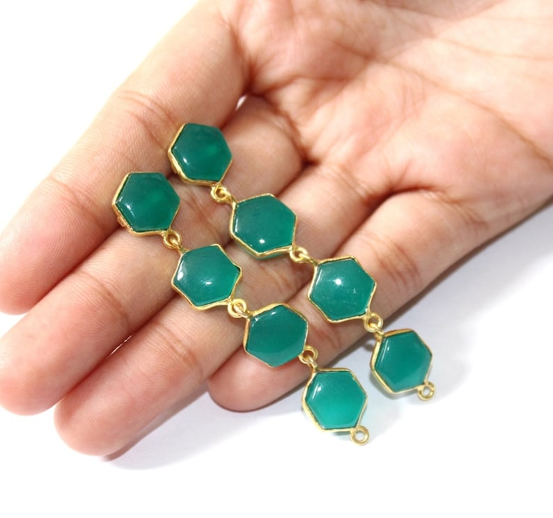 Wedding Jewelry Gemstone Earrings 2.63 Green Chalcedony Bezel Set Long Hexagon Earrings Four Stone Gold Earrings Gift Idea Bridal