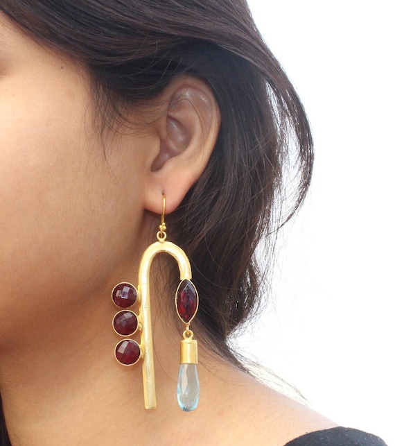 3.14 Red Garnet, Multi Color Quartz & Chalcedony Earrings