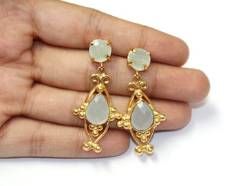 Gray Chalcedony Earrings With Aqua Chalcedony Stud Earpost / Designer Gold Earrings /Gemstone Earrings / Everyday Jewelry /Gift For Her FE53
