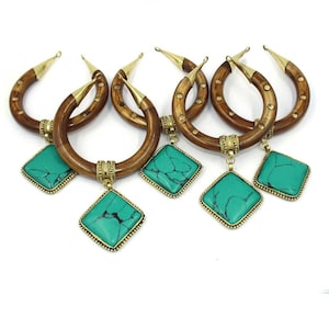 Ethically Sourced Buffalo Bone Crescent Horn with Turquoise Pendant, 121mm Brown Bone Double Horn Pendant,Double Ended Crescent Horn Pendant