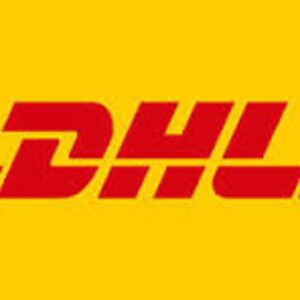 May include: The DHL logo features the letters "DHL" in red, set against a bright yellow background. The letters are bold and stylized, with a distinctive design. Horizontal red lines are on the left and right of the letters.