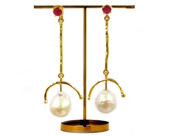 Freshwater Baroque Pearl Dangle Earrings | 64mm 22k Gold Plated Handmade CZ Pearl Designer Earrings | Wedding Bridal Earrings | Gift for her