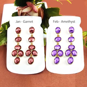 Multi Color Birthstone Bezel Set Long Oval Earrings | 60mm Real Gold Plated Handmade Six Stone Earrings | Party Wear Earrings | Gift For Her