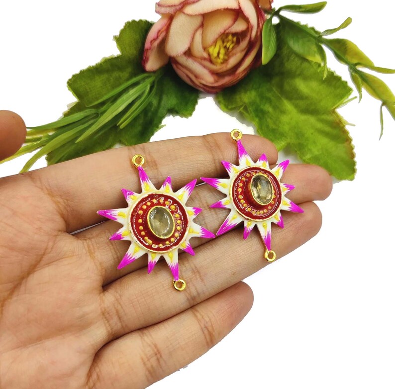 36mm Handpainted Pink White & Red Sun Pendant and Connectors Handmade