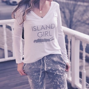 Island Girl Flowy Long-Sleeve V-Neck | Long Island Shirt | Montauk Shirt | Fire Island Shirt | Hamptons Shirt | New York Shirt