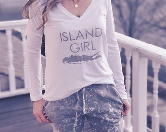 Island Girl Flowy Long-Sleeve V-Neck | Long Island Shirt | Montauk Shirt | Fire Island Shirt | Hamptons Shirt | Navy Beach | New York Shirt