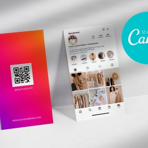 May include: A pink and orange gradient business card with a QR code and the text "@diymybrand" and "WWW.DIYMYBRAND.COM". The card is next to a mock-up of an Instagram profile page for "diymybrand" with a photo of a woman and a grid of nine photos of clothing and accessories. The text "MADE IN CANVA" is in a circle on the right side of the image.