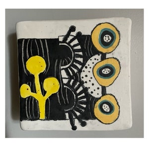 Mellow Yellow -- Ceramic Box Wall Sculpture with Stamped Design