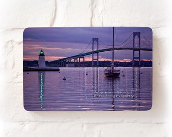 Newport Bridge and Goat Island lighthouse purple sunset | A Rhode Island fine art photograph wall art, decor, gift of Newport RI made in RI