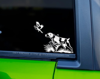 Brittany Hunting Dog Pheasant Decal – Bird Dog Vinyl Sticker for Car, Truck, Cooler – Spaniel with Flushing Pheasant – Upland Hunter Gift
