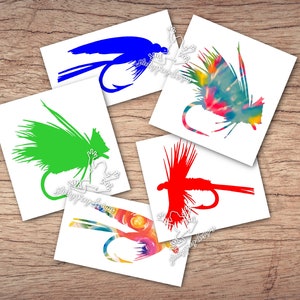 May include: Five different fly fishing lure designs printed on white paper. The lures are in various colors, including blue, green, red, and a tie-dye pattern.