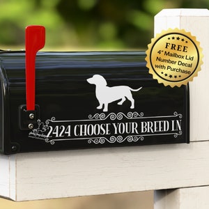 Personalized Dachshund Mailbox Address Decal - Choose Size, Color & Breed - House Sticker - Custom Street Name Decal - Dog Mailbox Decor