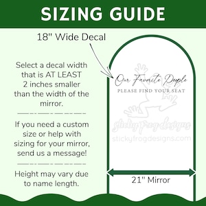 Op de afbeelding: Een maattabelafbeelding met de tekst "SIZING GUIDE" en "18" Wide Decal". De afbeelding bevat instructies voor het bepalen van de grootte van de sticker, met een spiegelafbeelding van 53,34 cm breed. De tekst "Our Favorite People" is ook zichtbaar.