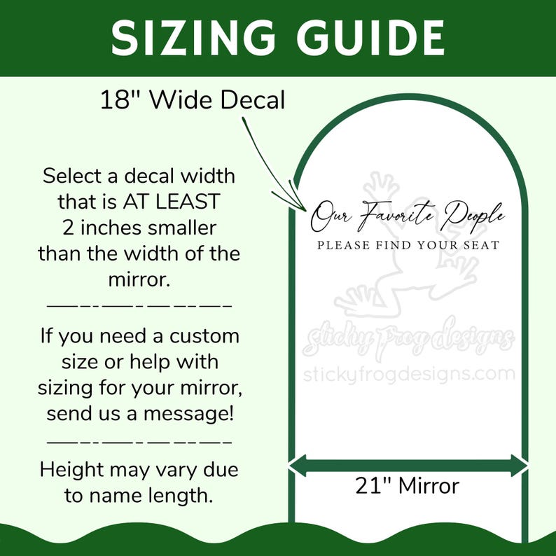 Op de afbeelding: Een maattabelafbeelding met de tekst "SIZING GUIDE" en "18" Wide Decal". De afbeelding bevat instructies voor het bepalen van de grootte van de sticker, met een spiegelafbeelding van 53,34 cm breed. De tekst "Our Favorite People" is ook zichtbaar.