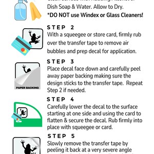 Puede incluir: Cinco pasos para aplicar una calcoman&iacute;a a una superficie. Los pasos se ilustran con im&aacute;genes de una calcoman&iacute;a de rana e instrucciones para limpiar la superficie, eliminar las burbujas de aire, despegar el respaldo, aplicar la calcoman&iacute;a y quitar la cinta de transferencia.