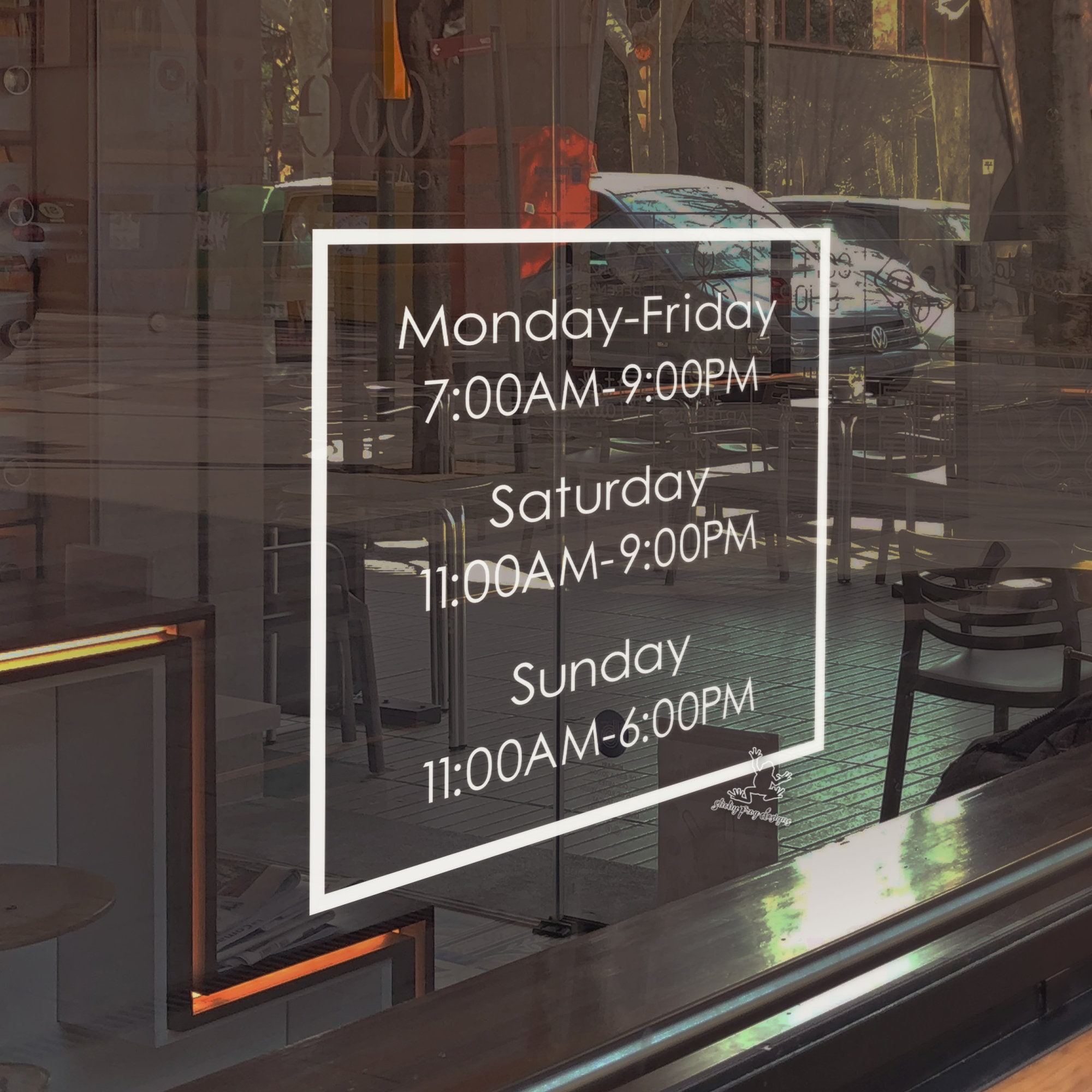Custom Business Hours Window Decal 14 x 18- Frame Design
