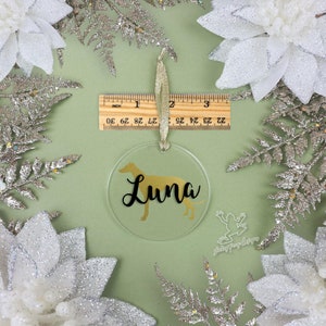 May include: A clear round Christmas ornament with a gold silhouette of a dog and the name "Luna" written in gold script.