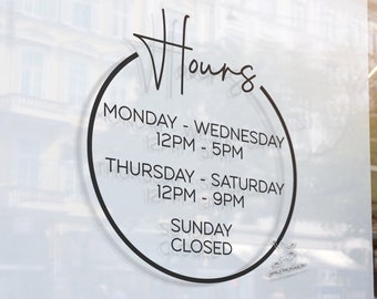Boutique Store Hours Decal - Personalized Business Signage - Custom Open Close Hours Sticker - Vinyl Window Sign - Circle Shop Hours Display