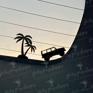 May include: Black silhouette of a 4x4 vehicle climbing a hill, with palm trees in the foreground. The background shows a gradient sky. The image is a sticker or decal.