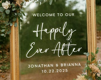 Custom Wedding Mirror Decal – Happily Ever After Welcome Sign Sticker – Personalized Vinyl for Mirror or Acrylic – Elegant Wedding Decor