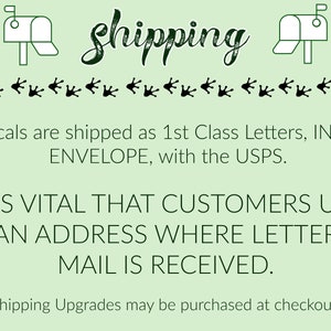 May include: Illustration of two mailboxes with arrows pointing left, and the text "shipping" written in cursive. The text below reads "Decals are shipped as 1st Class Letters, IN AN ENVELOPE, with the USPS. IT IS VITAL THAT CUSTOMERS USE AN ADDRESS WHERE LETTER MAIL IS RECEIVED. Shipping Upgrades may be purchased at checkout."