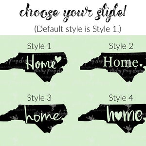 May include: Four different styles of North Carolina state outline designs with the word "Home" in various fonts and styles. The designs are black on a light green background.